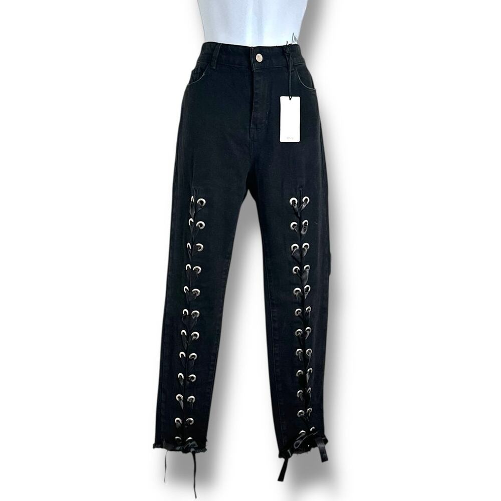 Mango MNG Washed Black Lace-Up Jeans Sz 4 US 36 EU Eyelet Detail NWT 5 Pockets